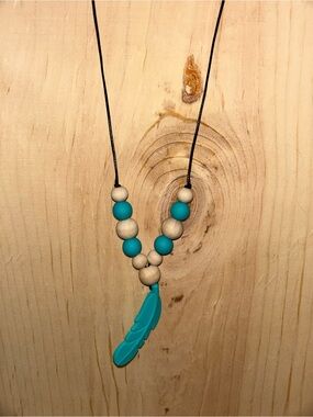 Turquoise and Natural Wood Beaded Feather Necklace